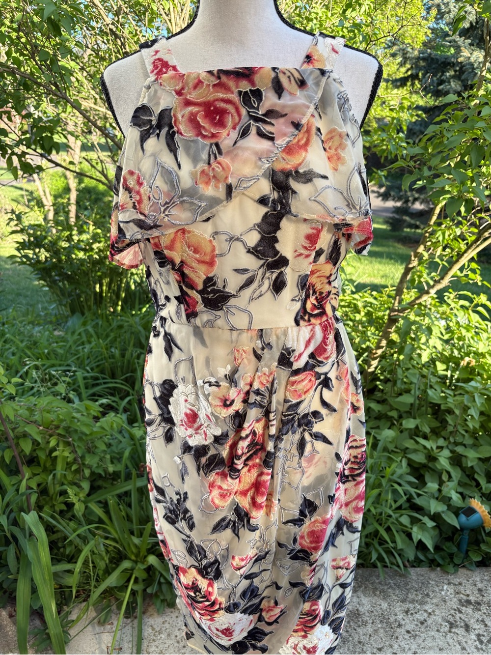 Size 6 JAX Black Label Cream Midi Dress with Pink and Black Floral Print